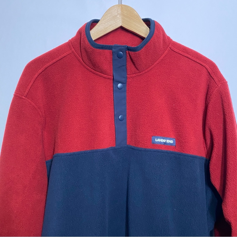Lands’ End Snap Fleece Pullover Red Navy Colorblock Men’s XL Comfy Casual - Picture 2 of 8
